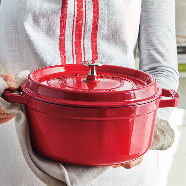 Staub 4 Quart Round Enameled Cast Iron Cocotte, Red Cherry