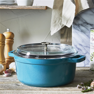 Staub Cast Iron 4 Qt. Round Cocotte with Glass Lid - Turquois