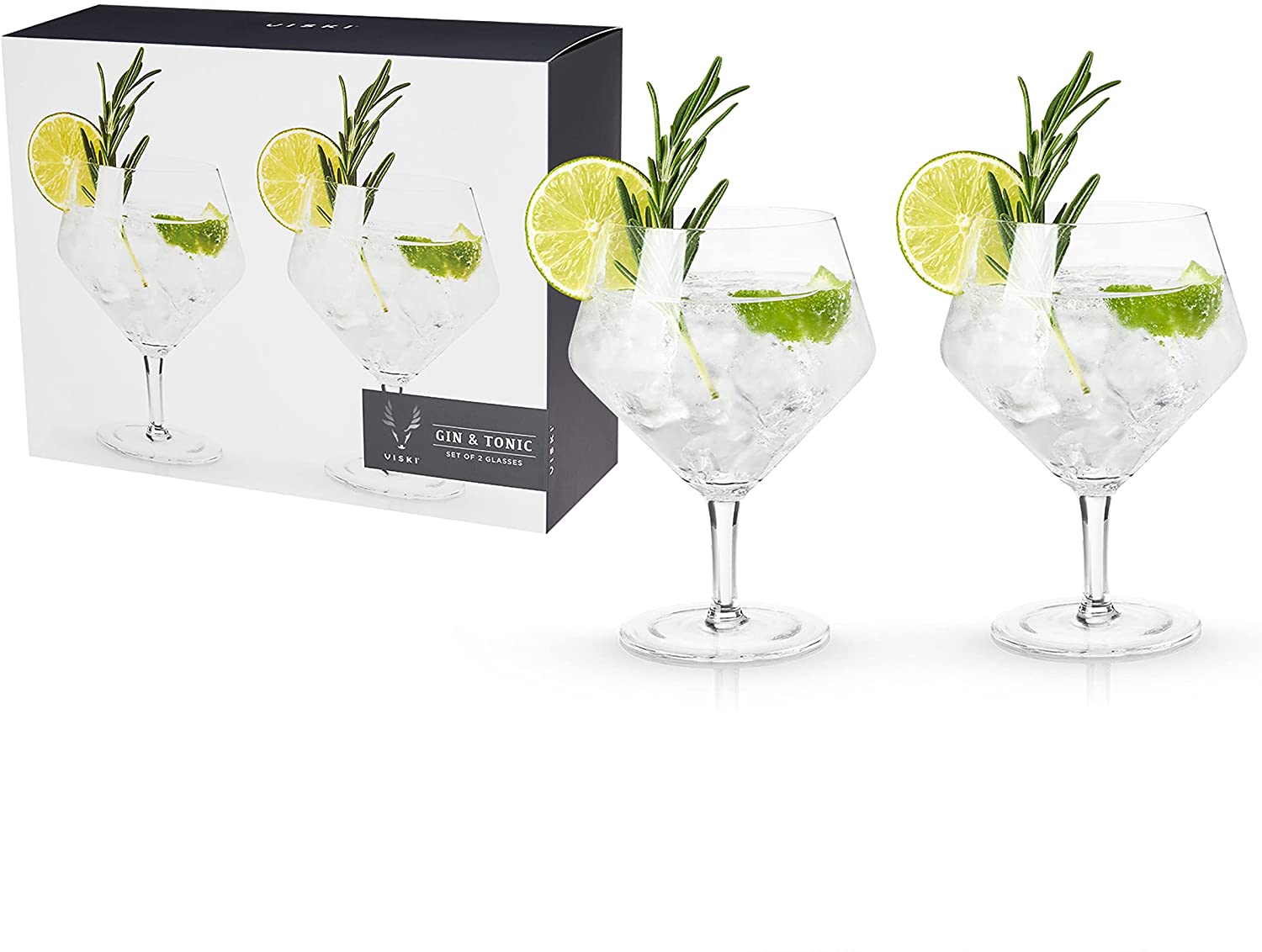 Viski Angled Stemmed Gin & Tonic Glasses, Highball glasses, Cocktail Glasses,  Vodka Tonic Glasses, Gin Glasses for Gin Lovers Gift set of 2, 14oz, Clear