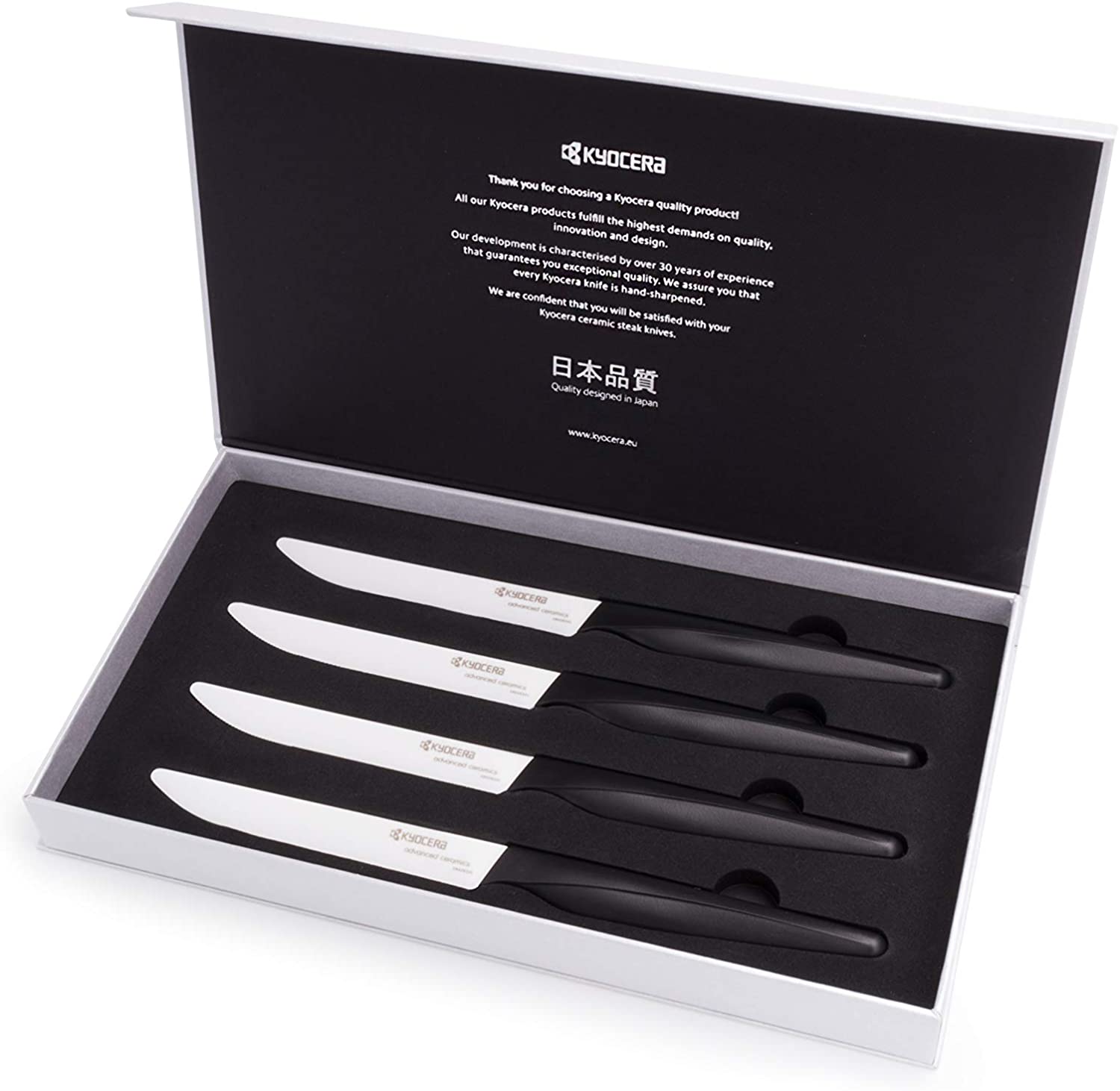 Get Kyocera Ceramic Steak Knife Set, Black Handle White Blade, 4pc  Delivered