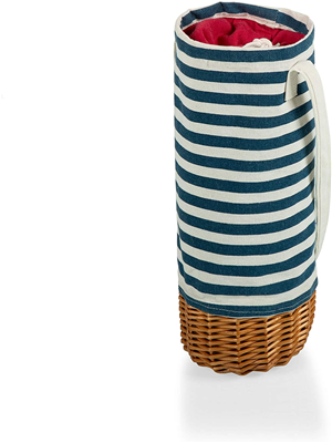 Malbec Insulated Canvas and Willow Wine Bottle Basket - Navy Blue & White Stripe 