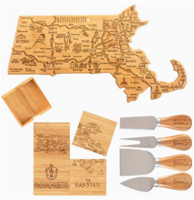 Totally Bamboo Massachusetts Set: Charcuterie Board, Cheese Tools & Coasters